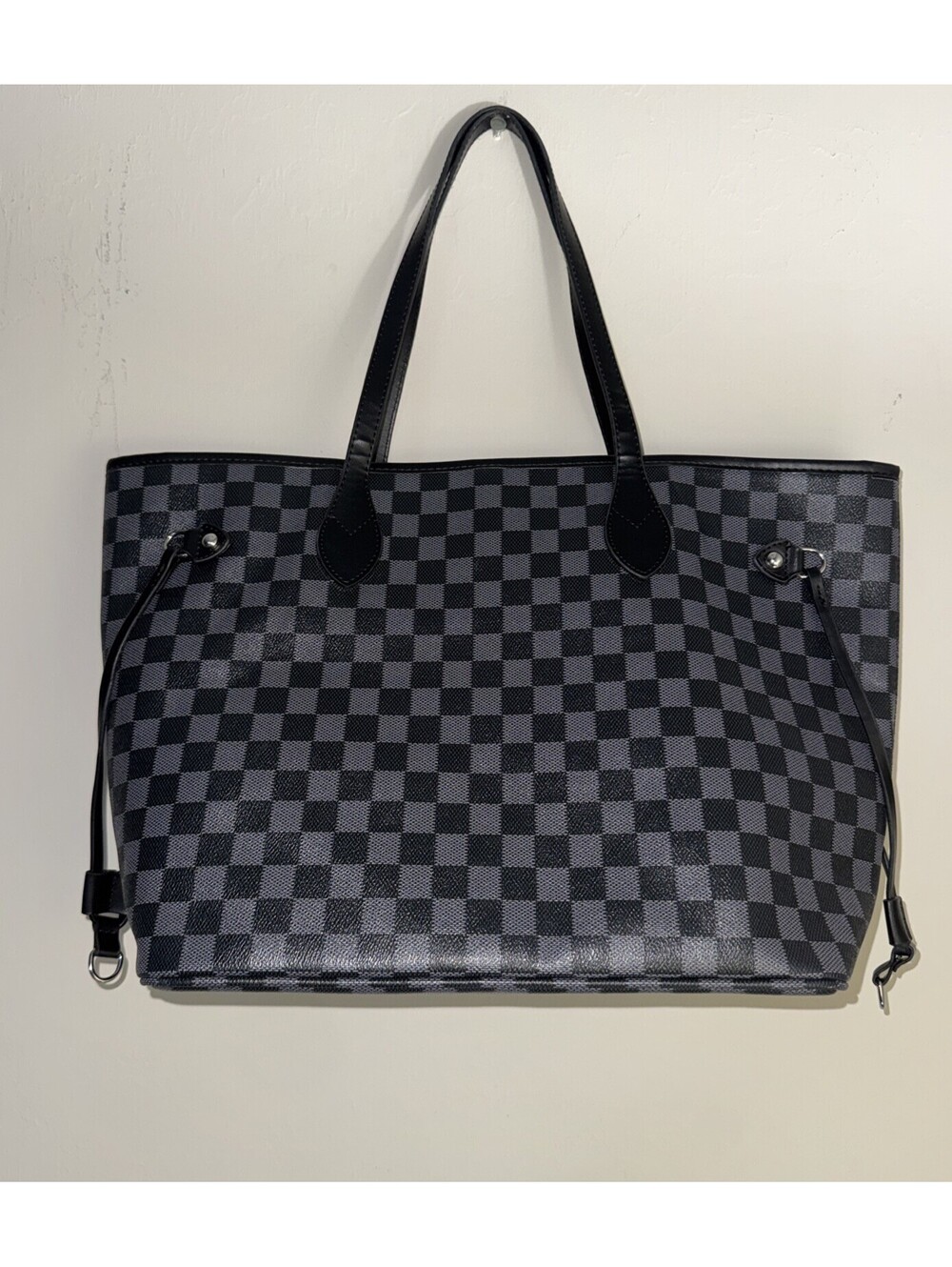 Women’s Large Black Grey Checkered Tote Double Handle Faux Leather Daisy Rose